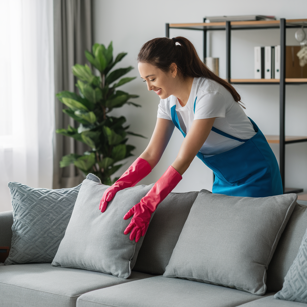 femme de ménage refessant le canape avec gant rose 